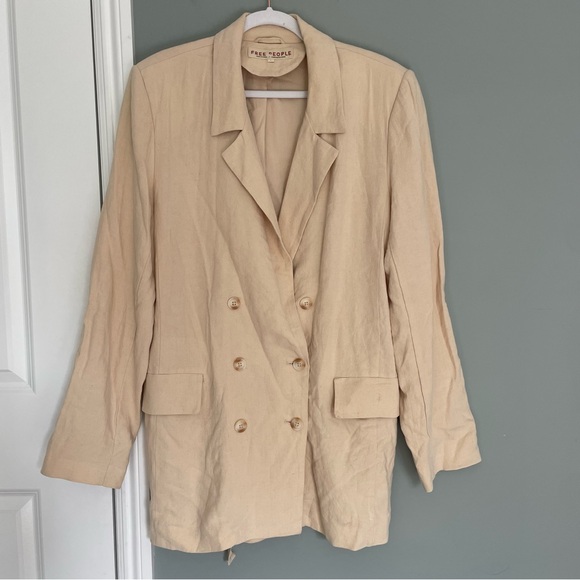 Free People "Olivia" Double Breasted Linen Blend Pebble/Sand Blazer - Picture 3 of 17